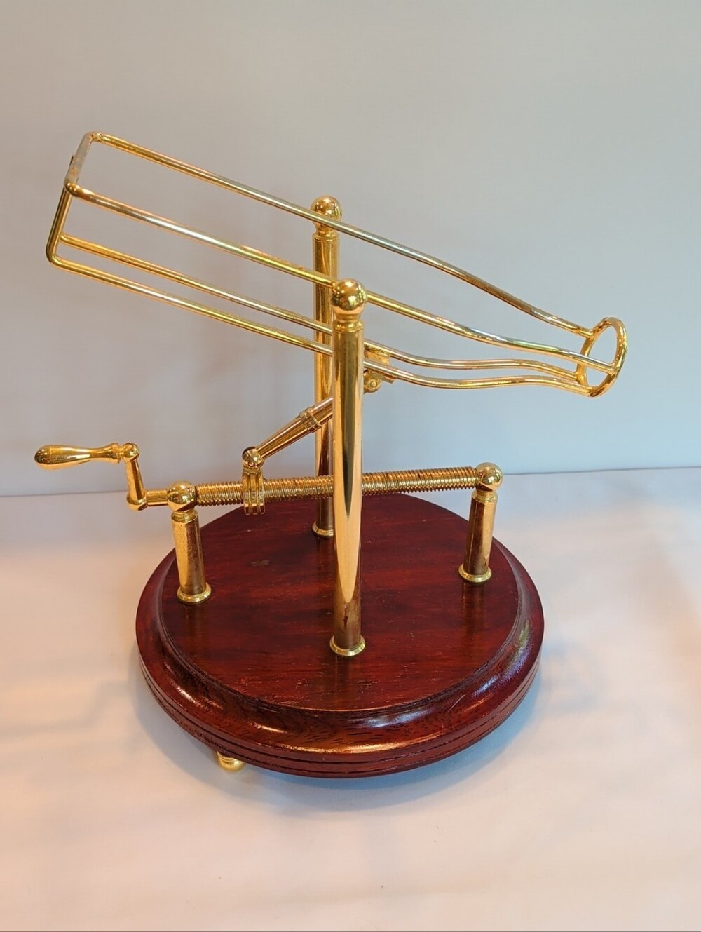 Mechanical Wine Decanting Cradle Brass & Wood Hong Kong  13 x 9" MCM Vintage